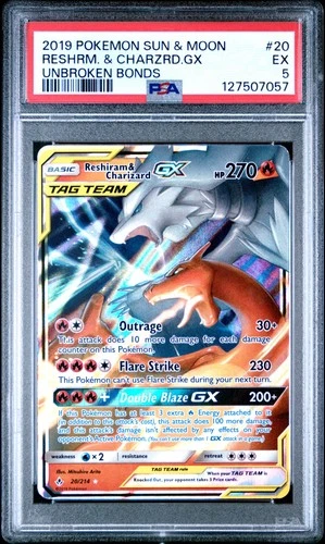 2019 POKEMON SUN & MOON UNBROKEN BONDS #20 RESHIRAM & CHARIZARD GX PSA 5