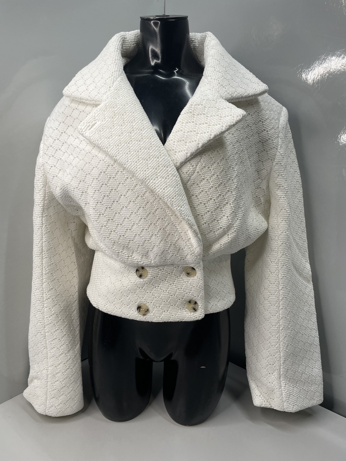 Arakii Womens Crochet Blazer White Size S Tailored Lined Double Breasted Cotton