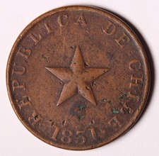 1851 Chile Centavo Copper Coin KM# 120 raised star