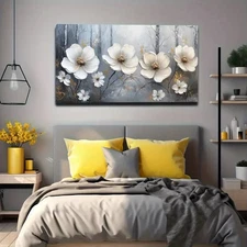 Ink Print With White Flowers & Golden Unframed Canvas Painting for Living