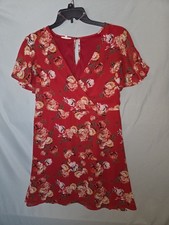 Maurices Womens Sz M Red Floral Faux Wrap Short Flutter Sleeve A Line Dress