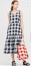 JW Anderson Uniqlo Gingham Tiered Prairie Dress Navy/Cream Size XS