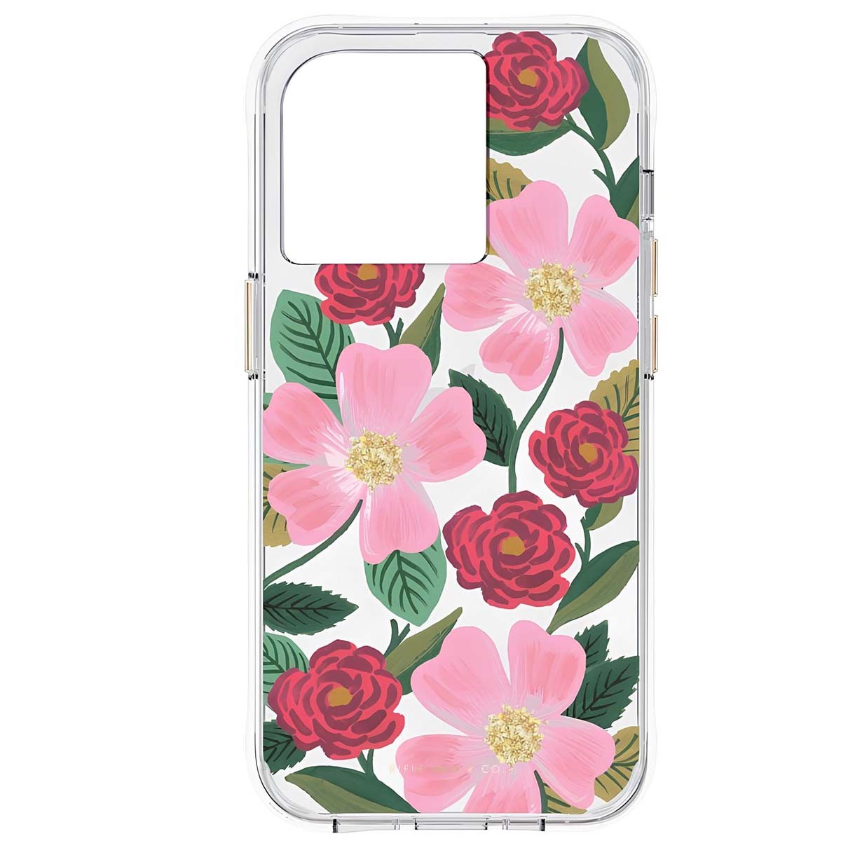 Coque iPhone 14 Pro fleurs roseraie et dorures antichoc élégante