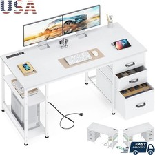 Reversible Computer Desk W/ Power Outlets USB Ports Storage Drawers  Shelves