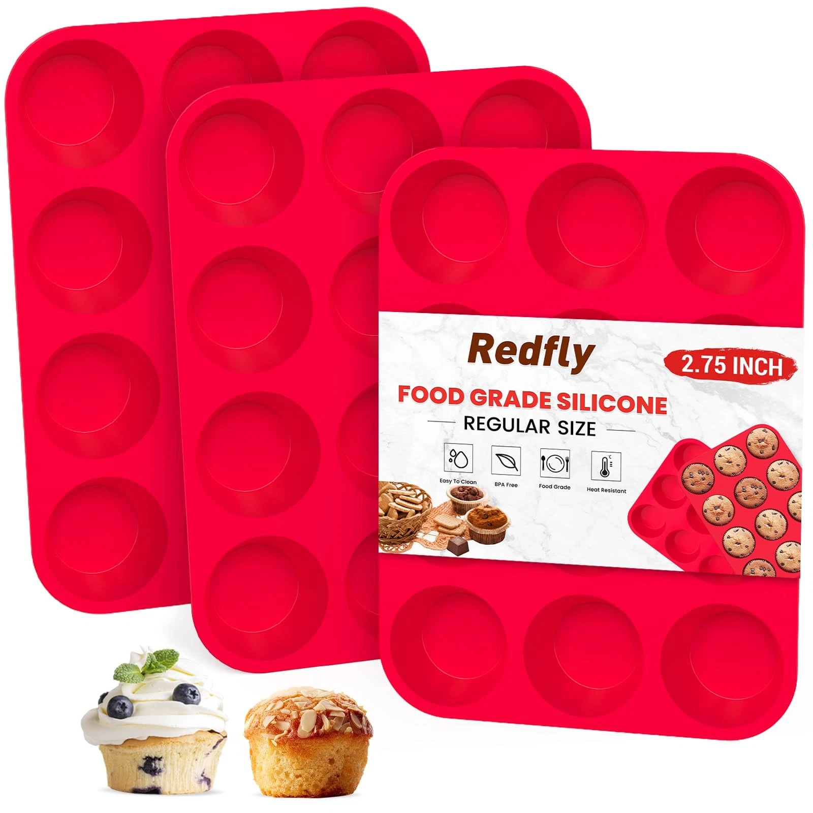 3 Pack Silicone Muffin Pans for Baking & Cupcake Pan - 12 Cup Regular Size Si...