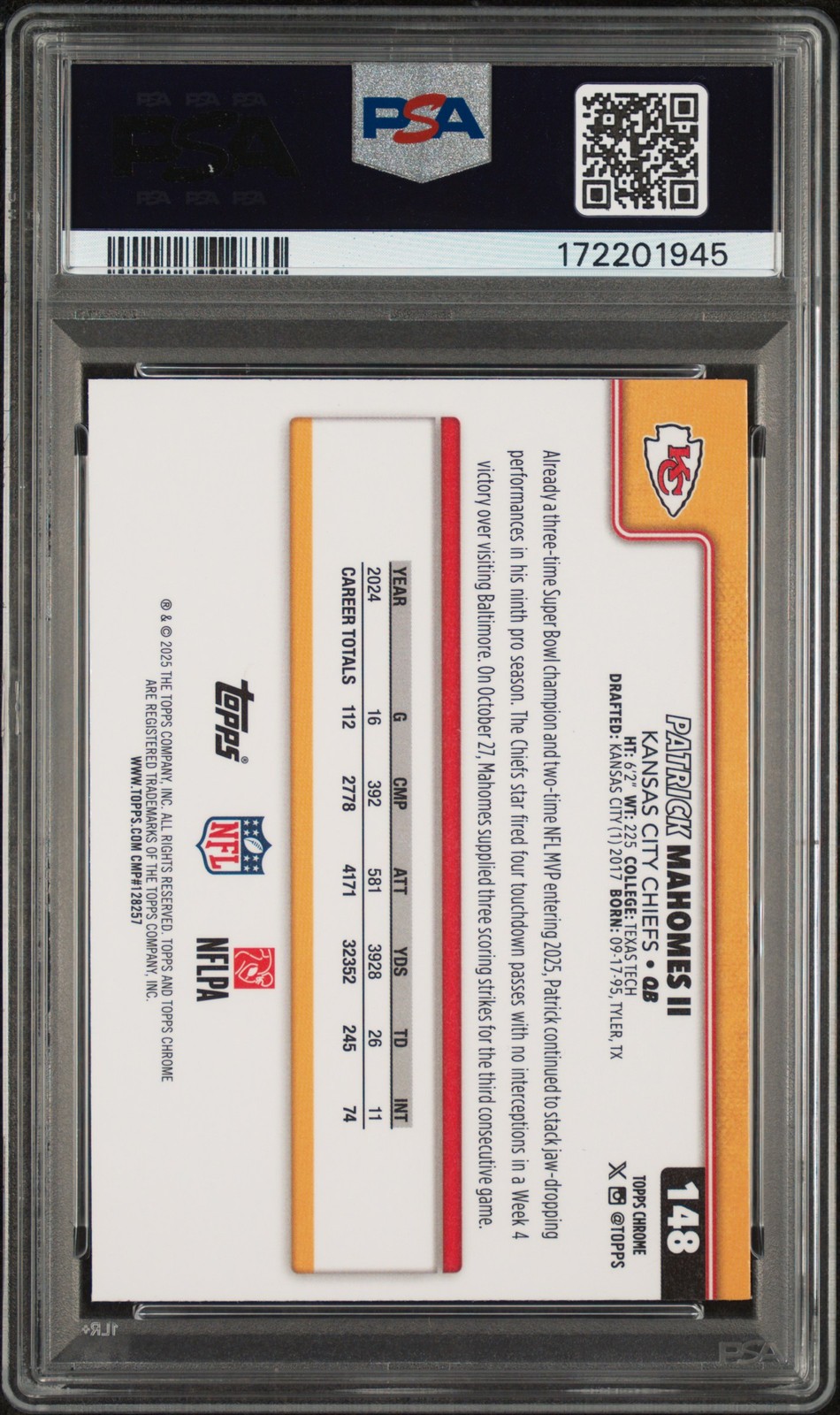 2025 TOPPS CHROME LIME GREEN X-FRACTOR #148 PATRICK MAHOMES II PSA 10 view 2