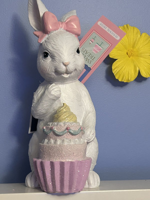 Sweet Treats Easter Bunny Rabbit Pink Bow Cupcake Figurine Eastet Decor 11.75''
