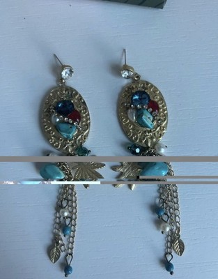 Bohemian Dangle Earrings Gold Tone Turquoise Glass Oval Hook