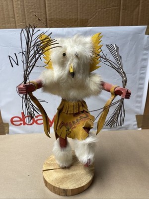 Vintage Hopi Kachina Holz/Feder Puppe Maske Eule Navaho signiert Handarbeit Totem O71
