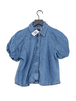 Neuwertiges Samt Damen Shirt S blau 100% Baumwolle Kurzarm Kragen Basic
