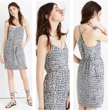 Madewell SILK sunlight painted feathers Blue grey cream Mini Dress pockets