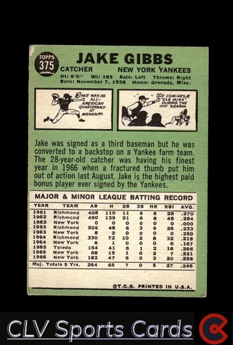 Baseball sports Topps Jake Gibbs New York Yankees Very Good - Picture 2 of 2