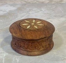 Vintage Hand Carved Inlaid Round Wooden Trinket Box from India Vintage 2 1/4  