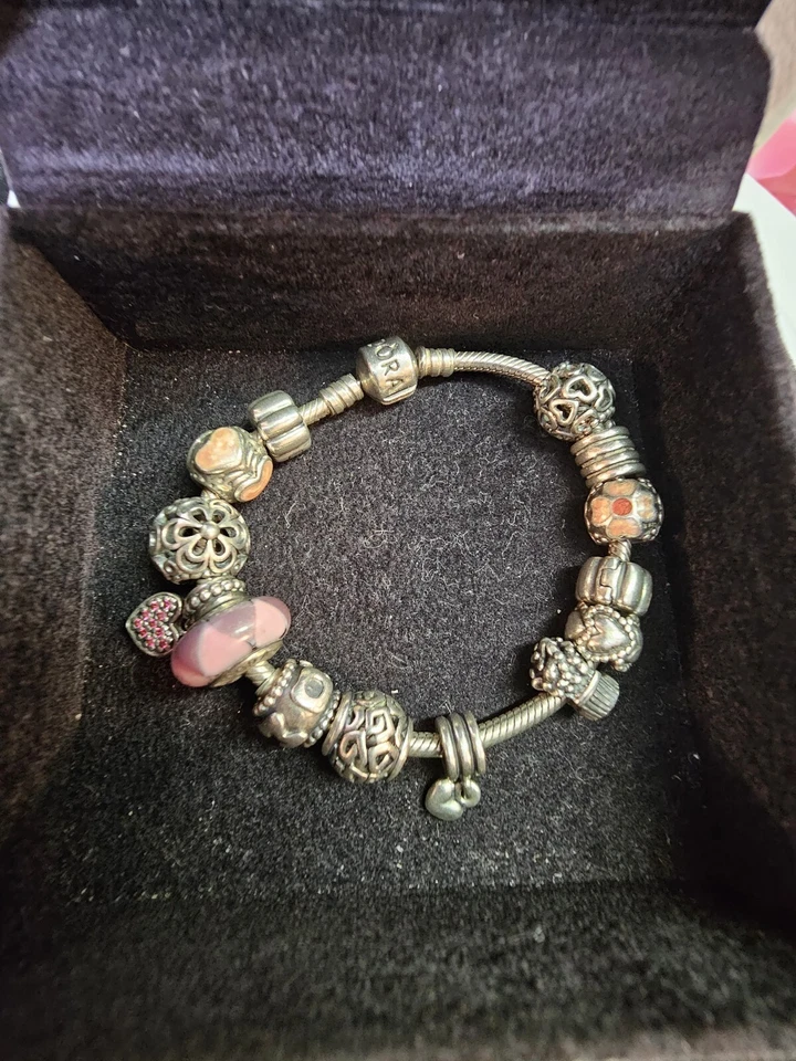 Pulsera Pandora 925 Ale 13 Dijes Plata de Ley Flor Corazón Esmalte 7"-51g-S37 Foto 3 de 4