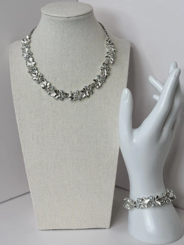 Vtg Lisner Blue Rhinestone Silver Leaf Link Necklace Bracelet Parure Signed Set