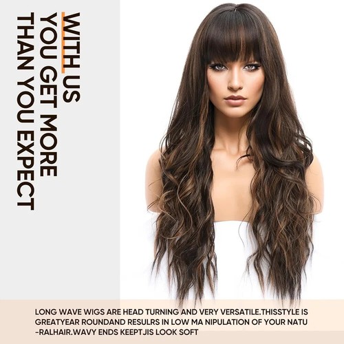 Brown Highlight Wig with Bangs Long Wavy Wig for Women Dark Brown Wigs with High - Picture 2 of 9