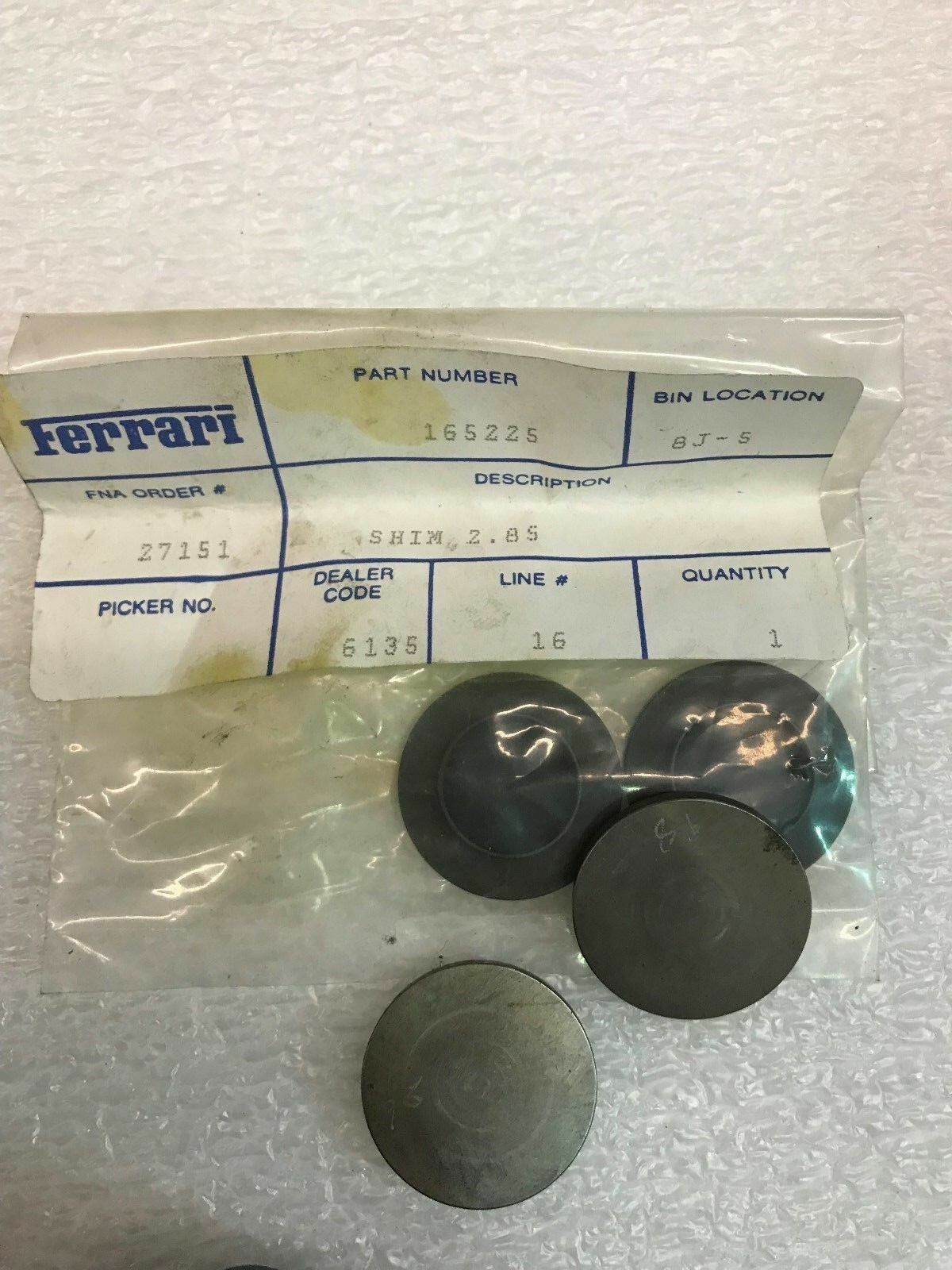 FERRARI F50 VALVE ADJUSTMENT PAD SHIM TAPPET PAD 2.85 MM OEM 165225