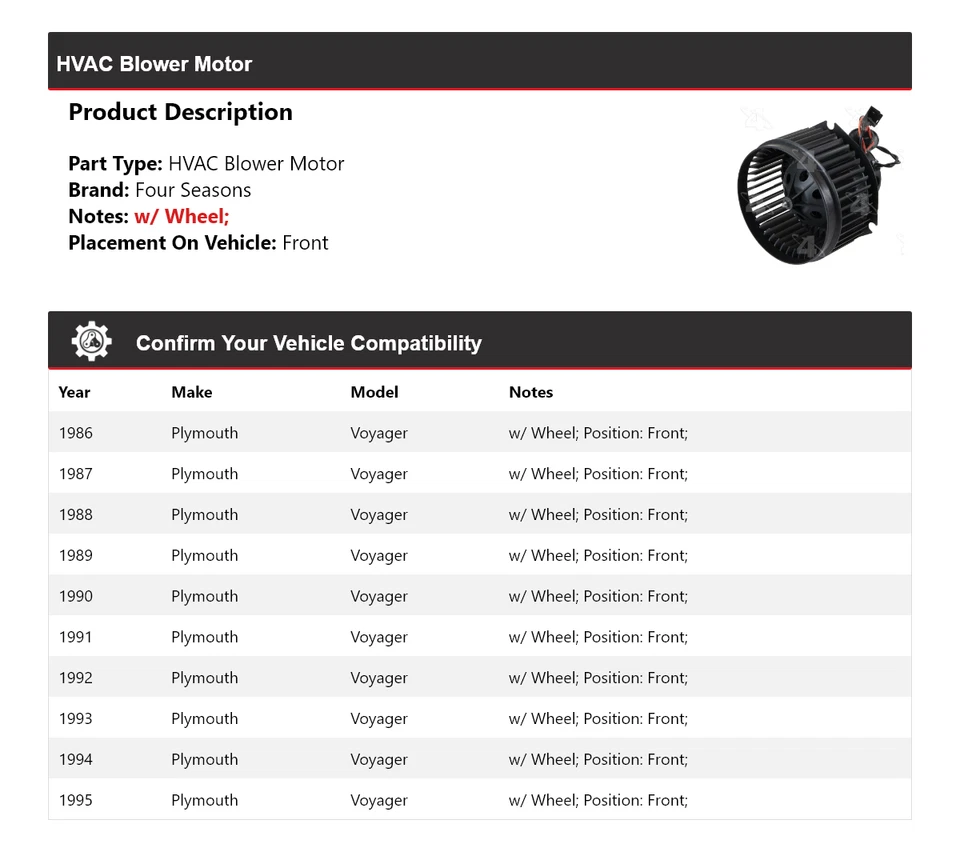 Soplador delantero 4 estaciones 1987 1988 1989 para Plymouth Voyager 1986-1995 Foto 2 de 4