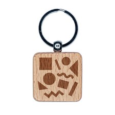 80s 90s Shapes Circle Square Geometric Pattern Engraved Wood Square Keychain