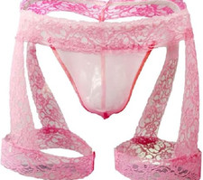 Men's Lingerie Underwear Lace Trim Thong Bulge Pouch G-String Bikini Thong Pink