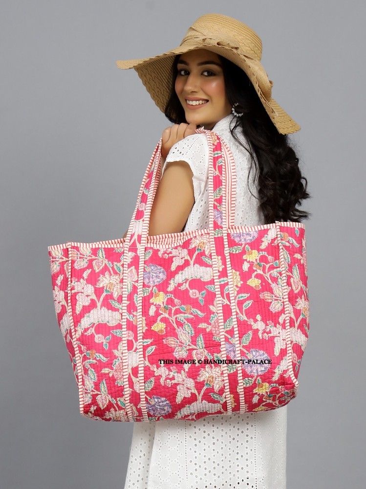 Quilted Cotton Floral Printed Reversible Large Tote Bag Grocery Shopping Bag