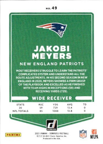 2021 Donruss #49 Jakobi Meyers Press Proof Blue New England Patriots Football - Picture 2 of 2