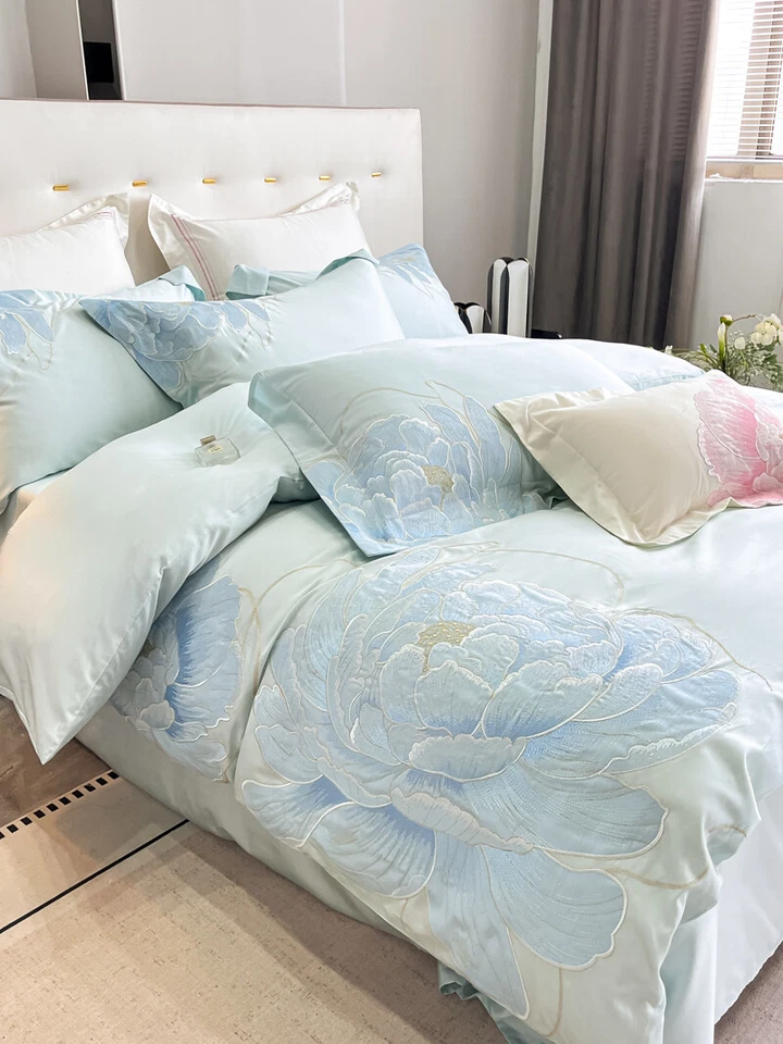 Juego de cama de algodón de los años 140 4 piezas funda de edredón sábana plana 2 fundas de almohada juego de bordado Foto 4 de 4