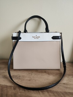 KATE SPADE STACI CAMERON SATCHEL SHOULDER BAG BEIGE WHITE BLACK LEATHER 
