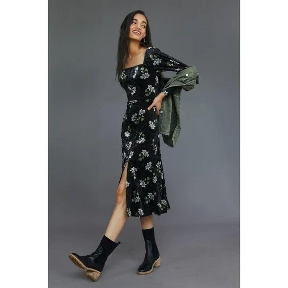 NWT Anthropologie Hutch Black Floral Long Sleeve Velvet Midi Dress  w/Stretch- XL