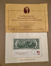 1976 Thomas Jefferson Bicentennial First Day Issue 2 Dollar Bill With Stamp &...