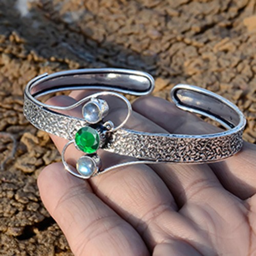 Chrome Diopside, Fire Labradorite Gemstone Cuff 925 Sterling Silver Hand Bangle - 第 3/6 張圖片