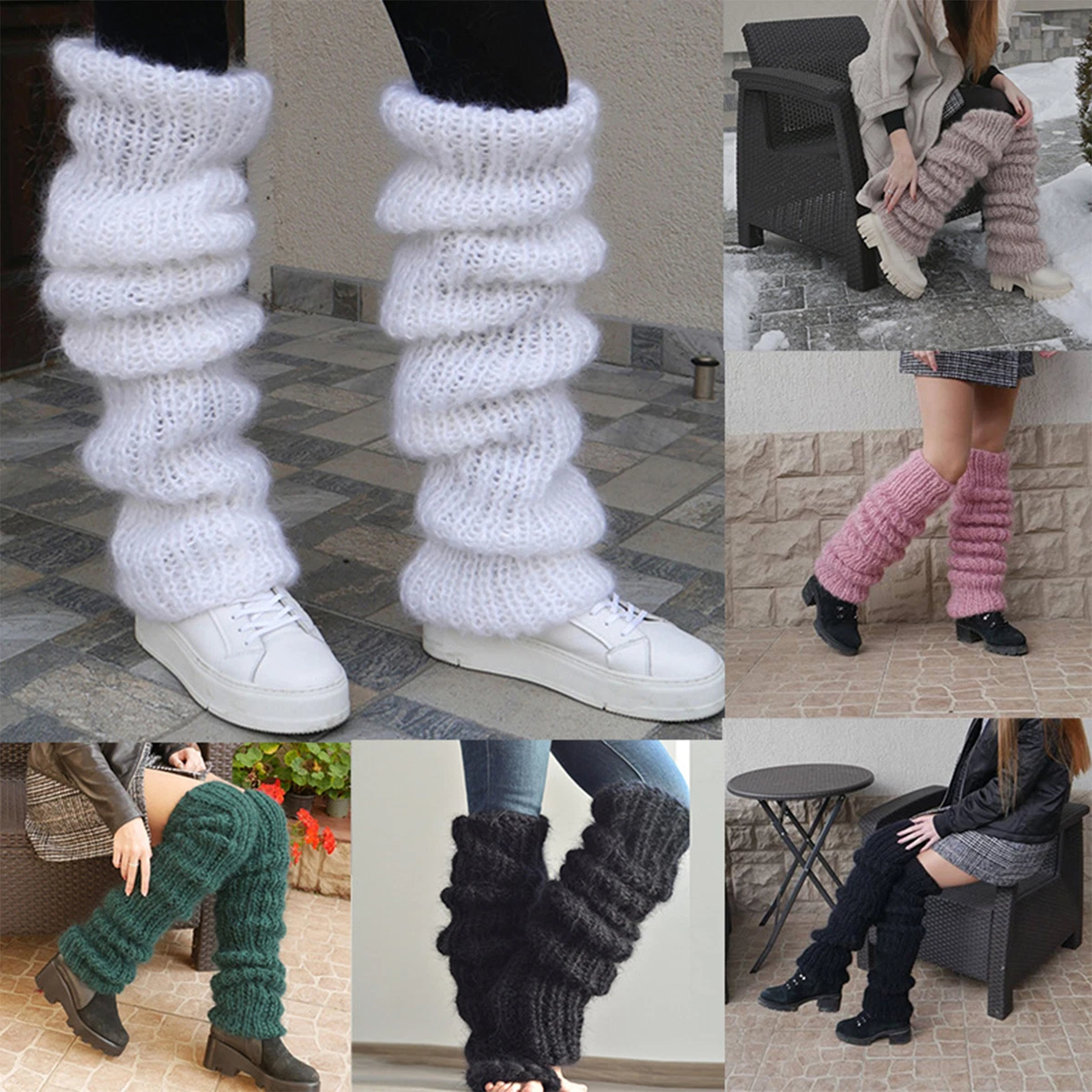 Women Mohair Leg Warmers Crochet Knit Ribbed Knee High Winter Warm Boot Sock