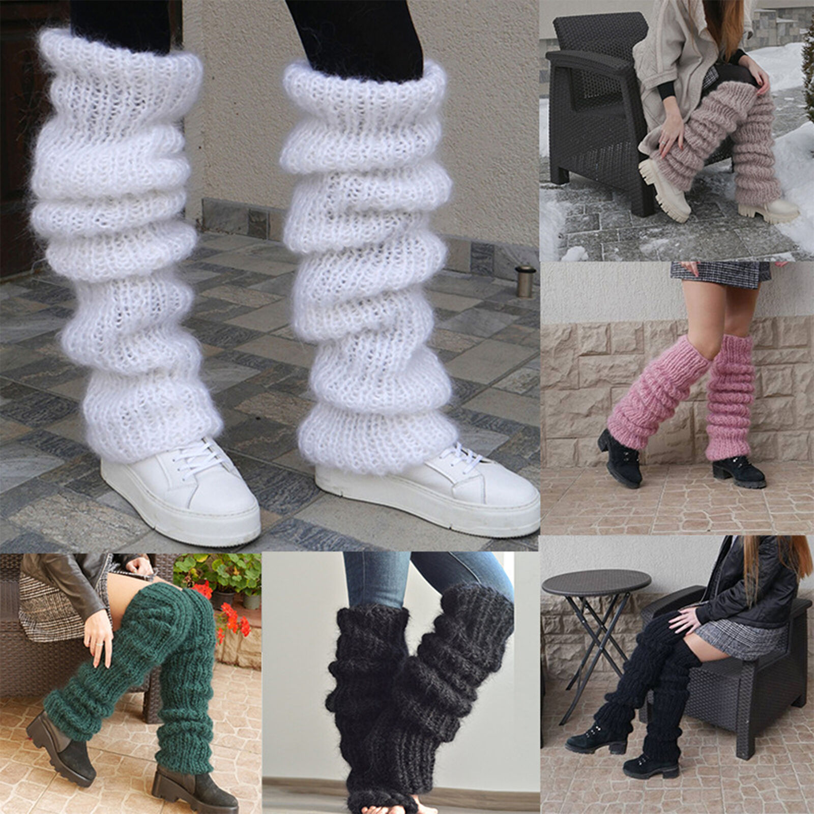 Women Mohair Leg Warmers Crochet Knit Ribbed Knee High Winter Warm Boot  Sock USA