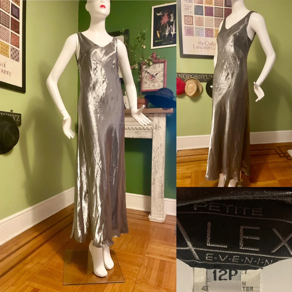 Vestido maxi festa coquetel vintage anos 90 ALEX noite metálico EUA M formatura - Imagem 2 de 4