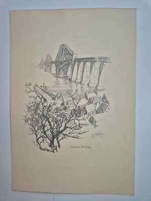 Antike Bleistiftzeichnung Druck 1926 Edinburgh Skizze The Forth Bridge