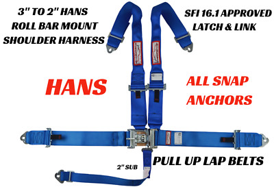 PULL UP LAP BELTS 5 POINT SFI RACE HARNESS SNAP IN TAPERED HANS SHOULDERS BLUE