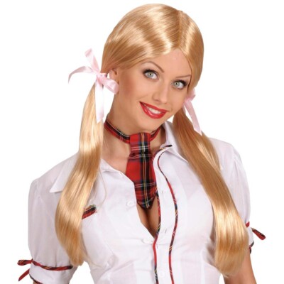 Blonde Perücke Schulmädchen Zöpfe Lolita Karneval Cheerleader Kostüm Motto Party