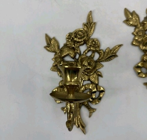 Vintage Brass Rose Bouquet Bow Sconce Set Pair Liards 9” Tall x 6” Wide MCM Gold - Picture 2 of 7