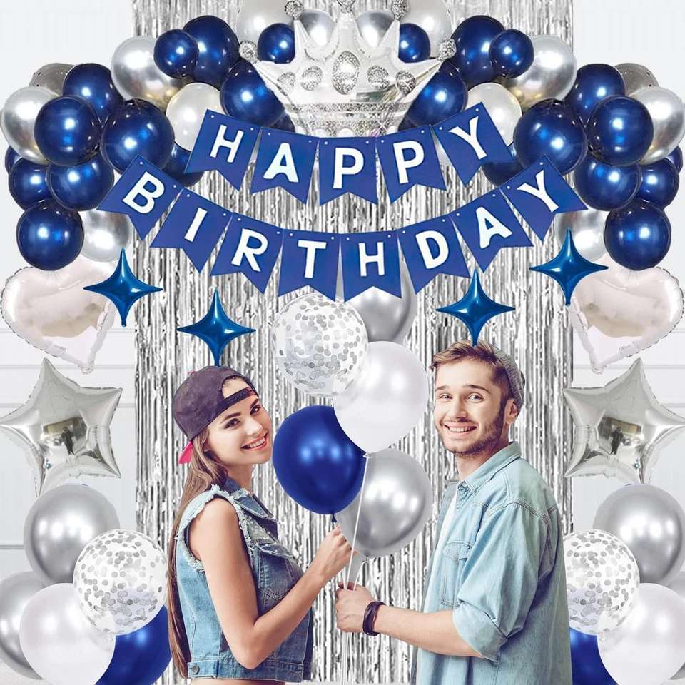 Conjunto de decorações de festa de feliz aniversário azul marinho para homens mulheres, banner, bola da coroa - Imagem 3 de 4