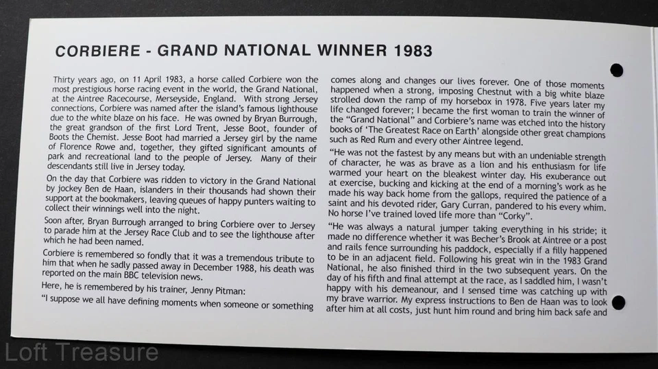 Estampillas de Jersey: "Corbiere - Grand National 1983" Paquete de Presentación £2.00 M/S 2013 Foto 4 de 4