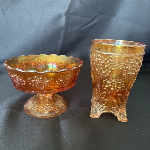 Lot- Fenton Marigold Carnival Glass Orange Tree pattern Footed Compote & Tumbler