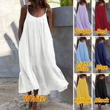 Boho Women's Strappy Solid Max Dress Summer Beach Loose Baggy Kaftan Sundress UK