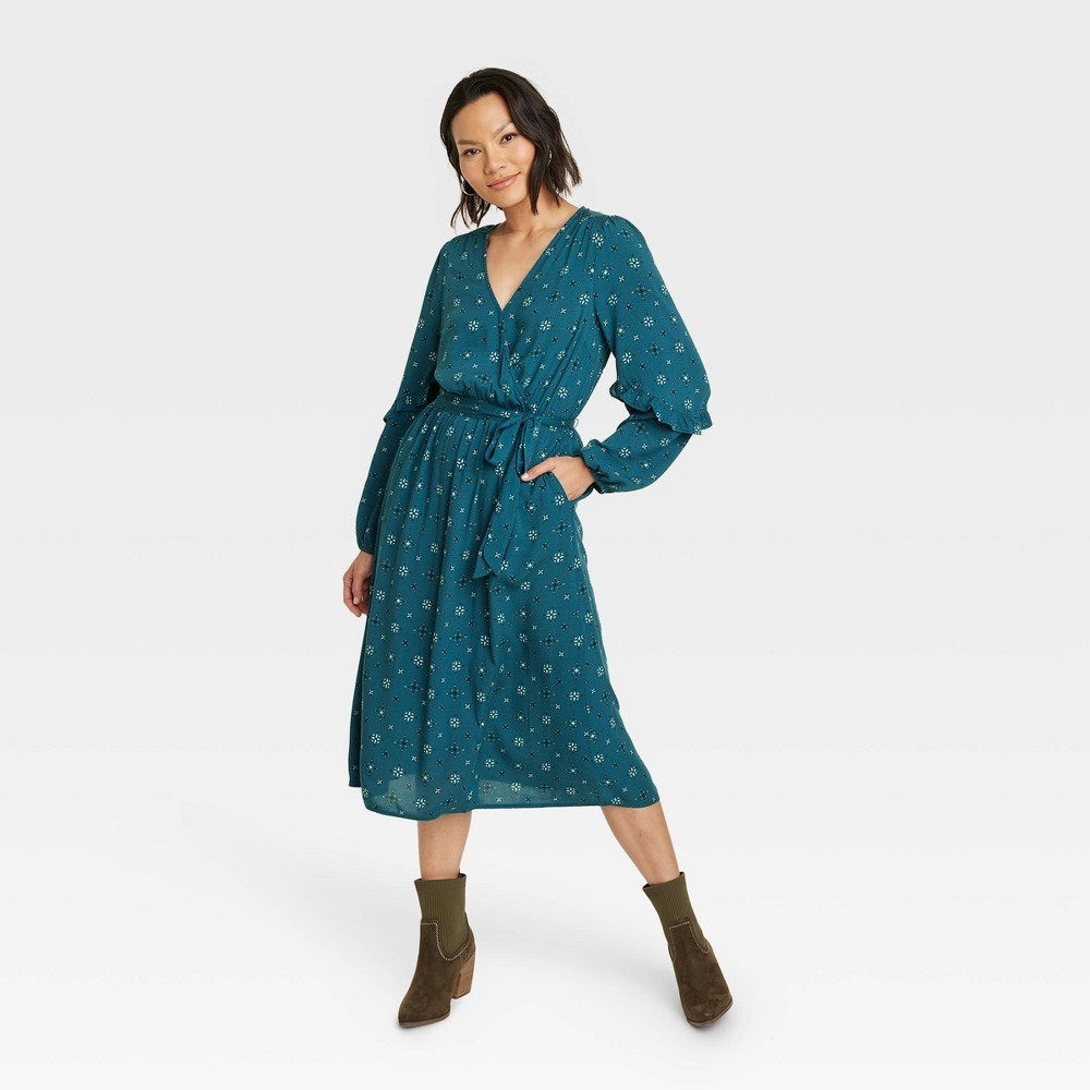 Knox Rose Dresses | Women's Flutter Long Sleeve Faux Wrap Dress - Knox Rose - Teal Stamp Print Xs | Color: Blue/Green | Size: Xs | Ljurgensen1's