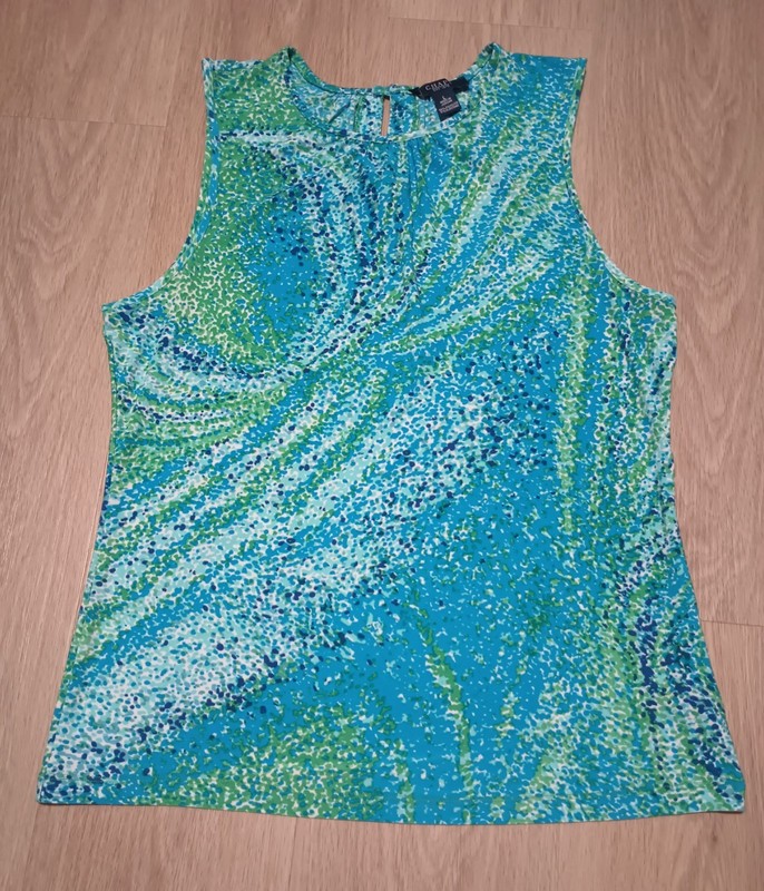 CHAPS Stretchy Teal Impressionist Polka Dot Art Painting Abstract Tank Top L