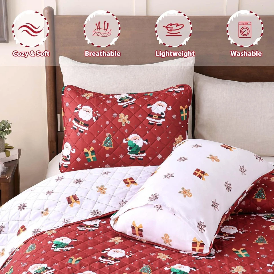 Juego de edredón reversible de Navidad tamaño queen con muñeco de nieve y copos de nieve 90"x90 Foto 3 de 4