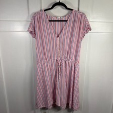GAP Pink Blue Red Stripe V Neck Button Front Drawstring Waist Midi Dress Size L