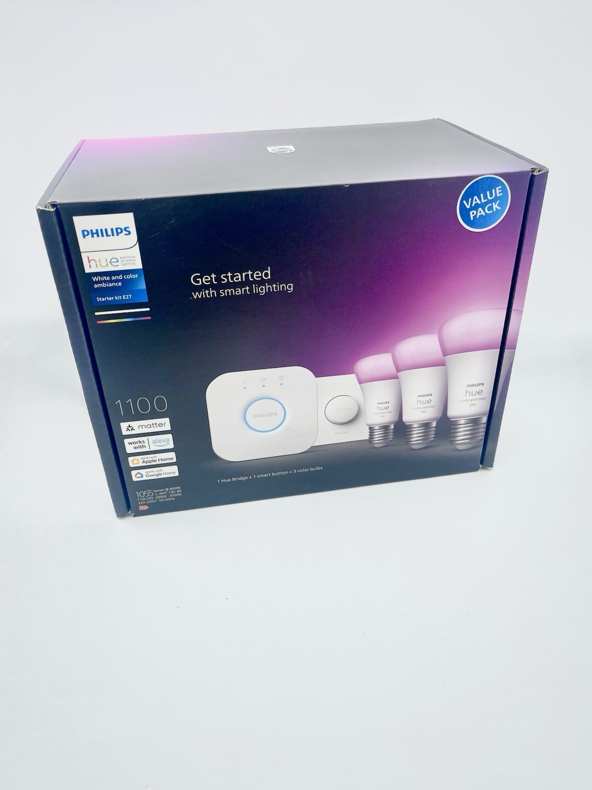 Philips Hue White & Colour Ambience E27 Starter Kit 3x Bulbs 1x Bridge 1x Button