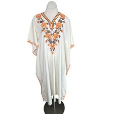 Vintage 60s Embroidered Caftan Brown and Orange Floral Metal Zipper