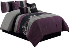 Napa 7-Piece Luxury Leaves Scroll Embroidery Bedding Comforter Set Queen, Purpl