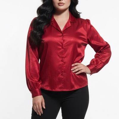 Vintage 80s Red Satin Blouse, Clarissa New York, Striped Button Up Shirt, US 16